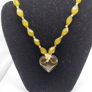 Acrylic OliveTone Beads Necklace w/Dark Olive Heart Pendant.